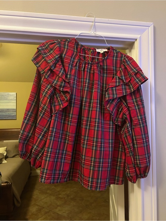 entro Tops - entro Red Plaid Ruffle Shoulder Blouse